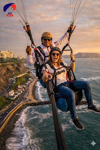 Vuelo de parapente en Miraflores Lima con vista al océano Pacífico
