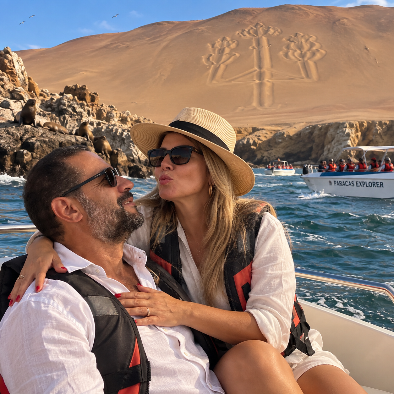 Turista sonriendo en bote junto a lobos marinos en Islas Ballestas Paracas Peru