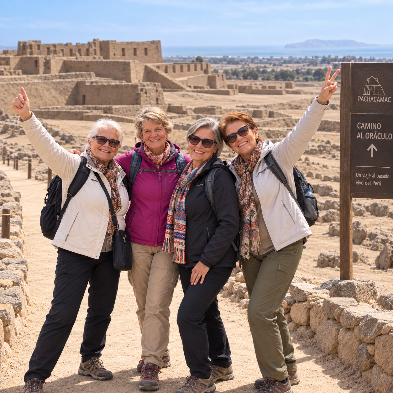 Grupo de amigas jubiladas visitando las ruinas de Pachacamac Lima Peru